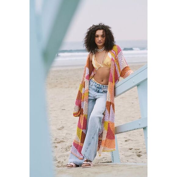 Free People Chasing Rainbows Crochet Knit Cardi Duster Kimono Jacket $428 XS/S - Picture 6 of 9
